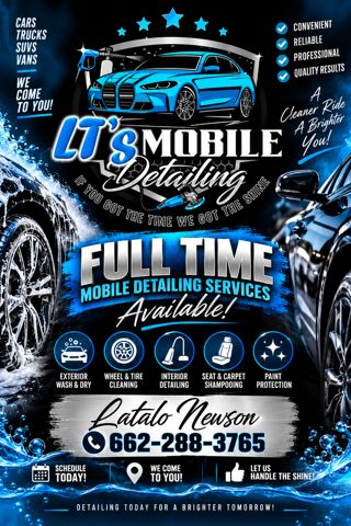 LT's Mobile Detailing's own printed flyer, listing their five services, the phone number and the slogan 'If you got the time we got the shine'